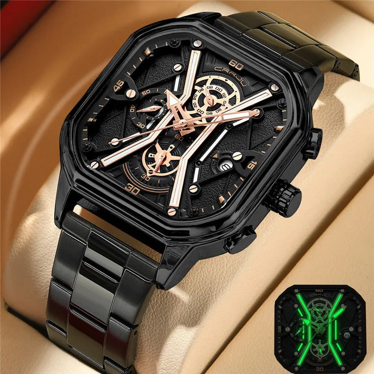 CRRJU Square Dial Leather Chronograph Watch