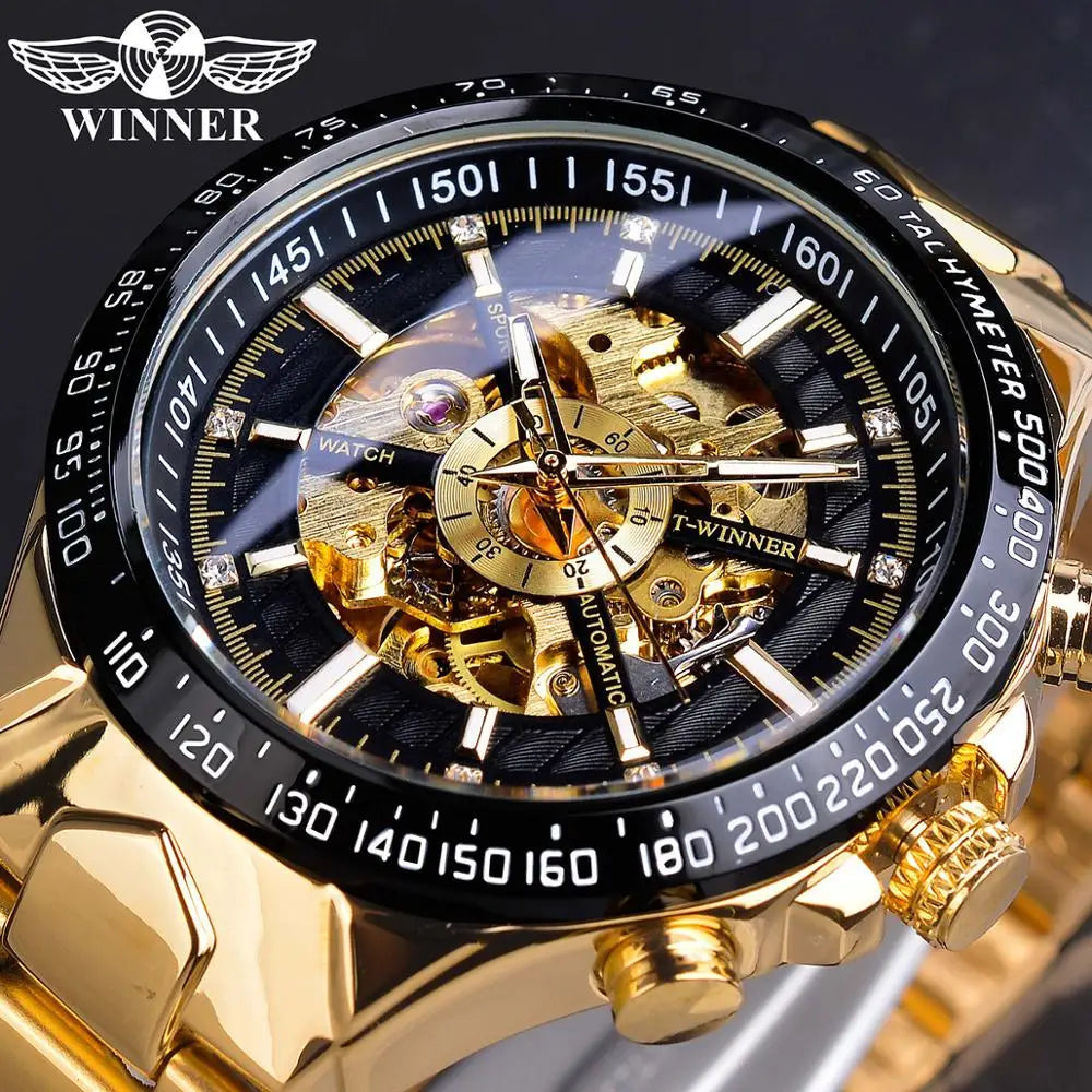 Winner Men's Automatic Mechanical Watch - Black Gold Steel Waterproof Luminous Sport