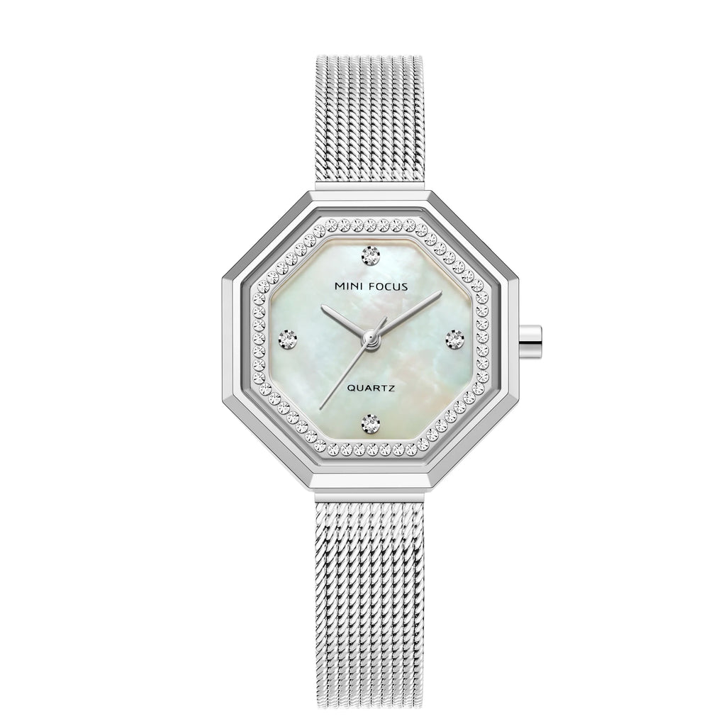 Crystalline Octagon Mesh Watch - Women's Luxury Timepiece