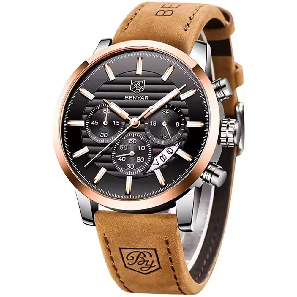 BENYAR 5104 Top Brand Casual Fashion Men Quartz Watch Luxury Leather Strap