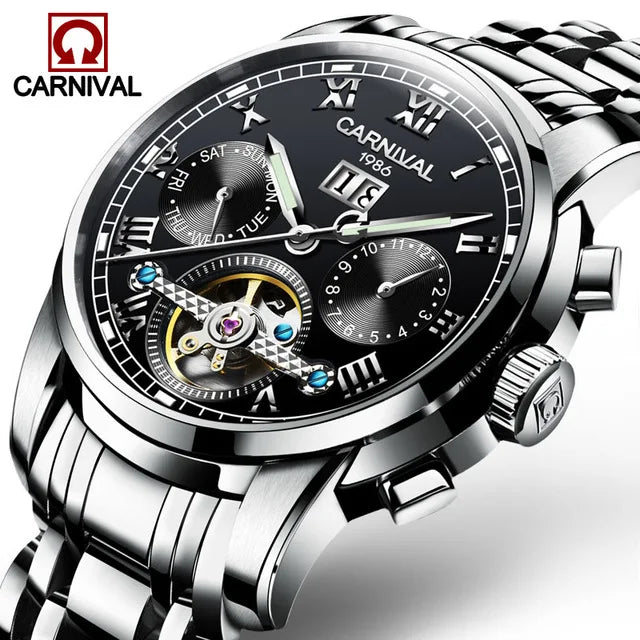Montre Homme CARNIVAL Tourbillon Mechanical Wristwatches Sapphire Calendar Luminous Waterproof Automatic Watches for Man 2025