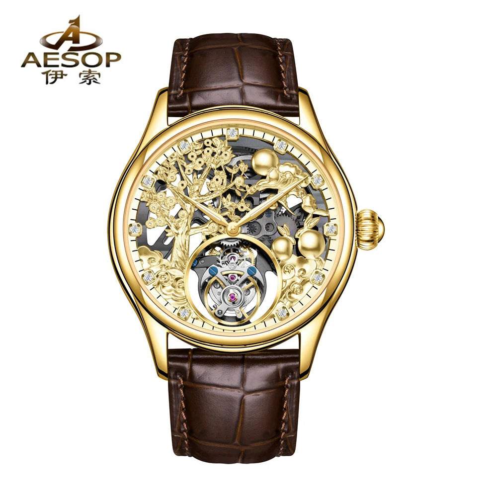 Relojes Hombre Luxury Gold Hollow Automatic Mechanical Watch Skeleton Tourbillon Watches for Men
