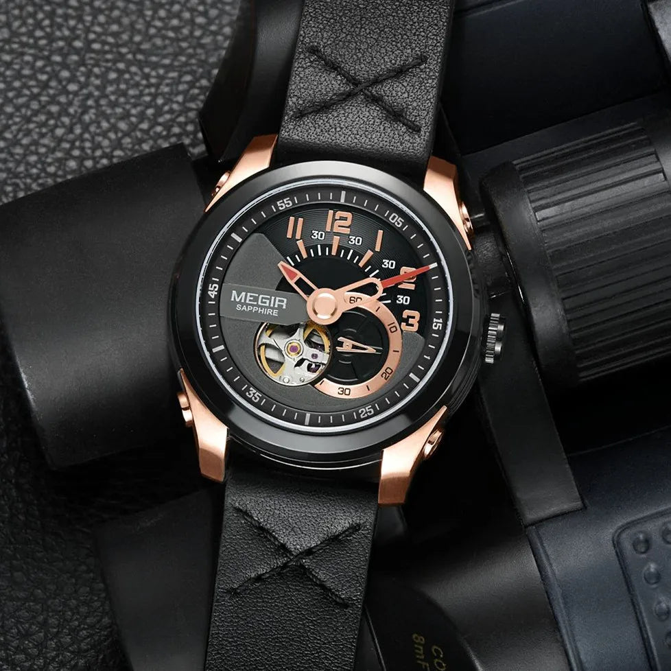 MEGIR 62050 Men Luxury Watches Sport Automatic Movement Mechanical Watch Leather Business Wristwatch Big Dial Relogio Masculino