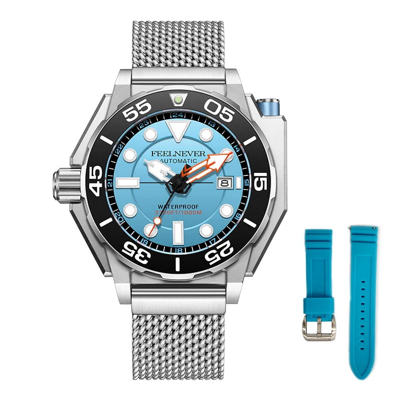 LIGE FN1809 Men's Sport Automatic Mechanical Watch DIVER Series Chronograph Stainless Steel 1000M Waterproof Wristwatch Fashion