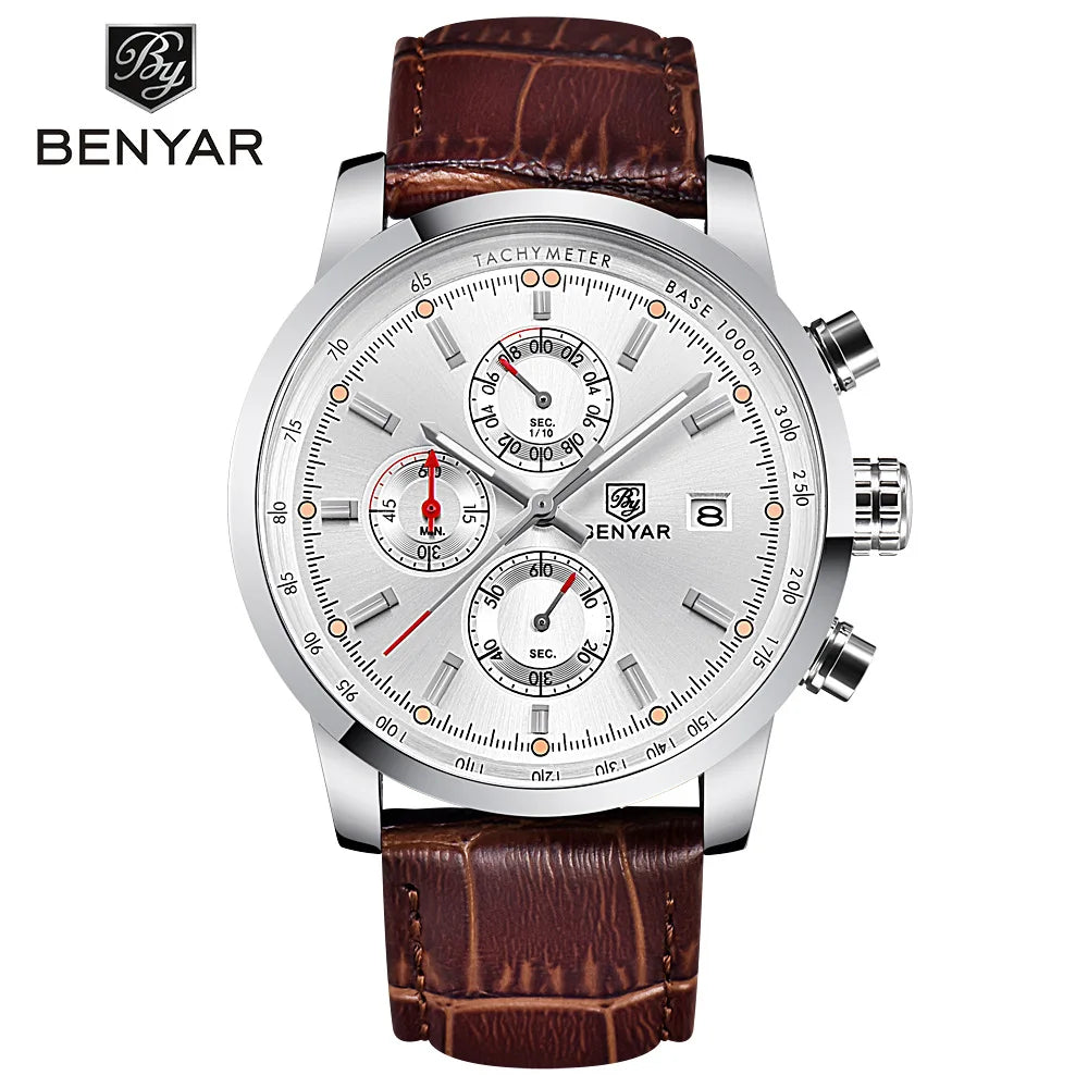 Benyar 5102 Men's Watches Waterproof Leather Strap Watches Men's Chronographs Top Brand Hot Quartz Watches