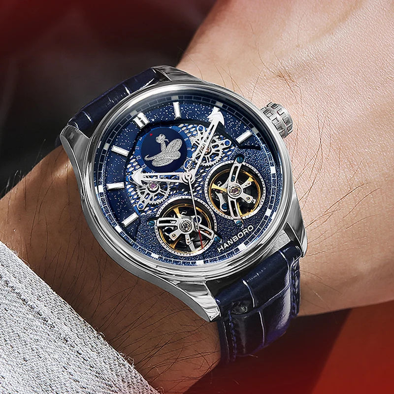 HANBORO Automatic Men's Skeletonized Design Mechanical Watch 22mm Band Width Glass Dial Window Display Double Flywheel