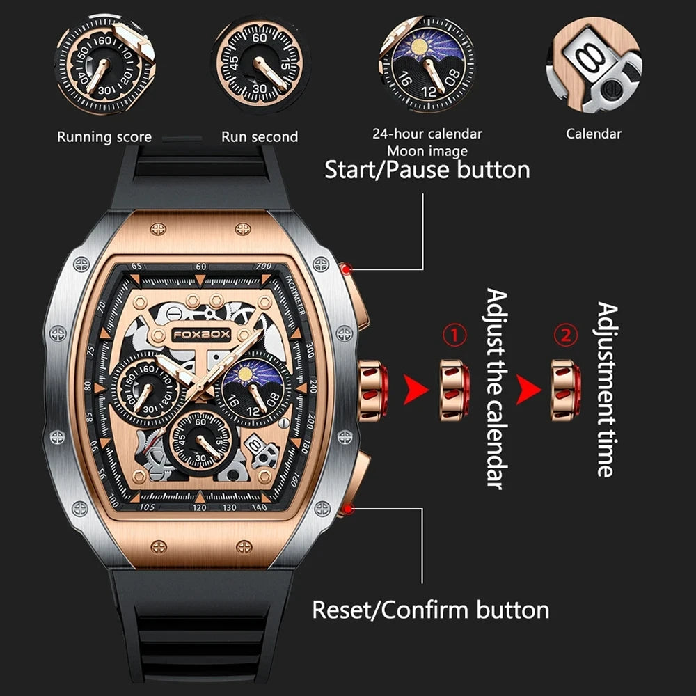 LIGE Foxbox FB0015  0015 Casual Luxury Mens Quartz Watch Fashion Sport Business Chronograph Waterproof Square Wristwatch for Men