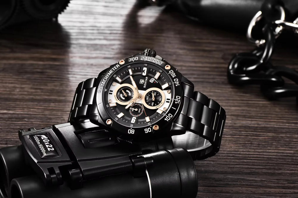BENYAR 5148 BENYAR Men Luxury Stainless Steel Chronograph Quartz Watches Business Auto Date Luminous Wristwatch