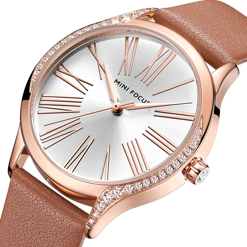 Diamond Grace - Women's Leather Strap Watch with Crystal Case