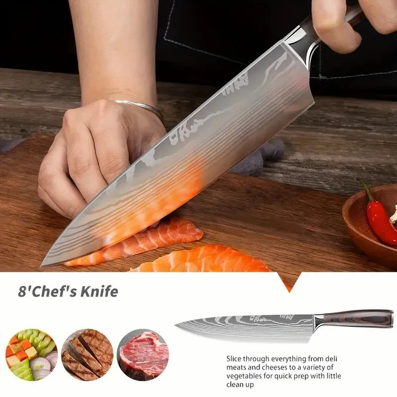 4-Piece Premium Stainless Steel Kitchen Knife Set Pakka Wood Handle Santoku Nakiri Bread Utility Boning Slicer Knives