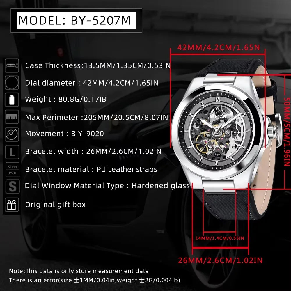 BENYAR 5207 Watches Men Luxury  Mechanical Mens Wrist Watches Leather Strap Casual Watch 50m Waterproof Reloj De Hombre