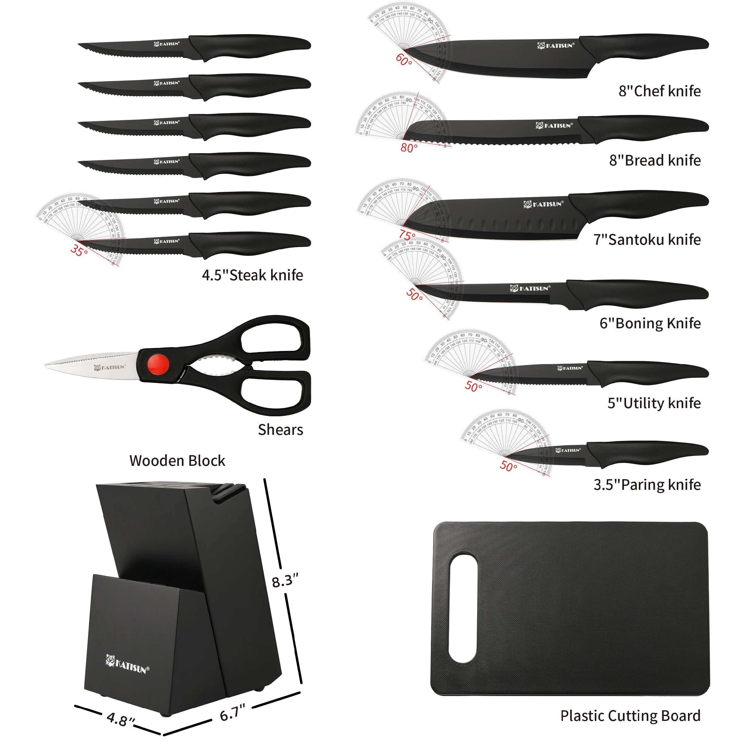 15+1 Pieces Professional Kitchen Knife Set with Plastic Cutting Board and Kitchen Shears and Non-slip PP Handle