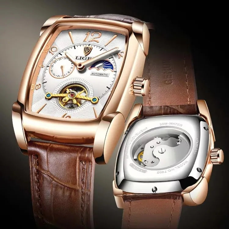 Lige 8949 Watches Square Reloj Montre Watch Automatic Tourbillon Clock Genuine Leather Waterproof Mechanical Wristwatch for Men