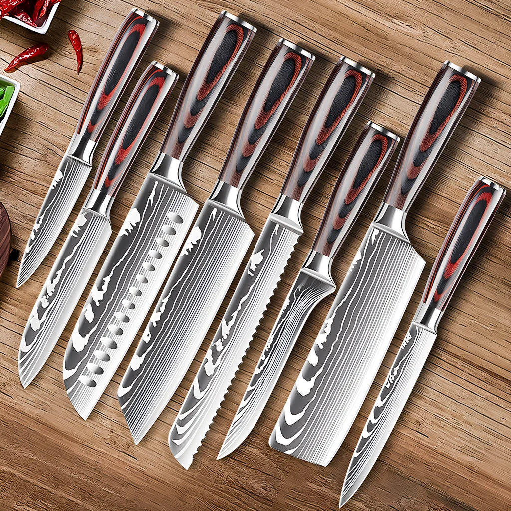 8-Piece Premium Stainless Steel Kitchen Knife Set Wood Pakka Santoku Nakiri Slicing Utility OEM Boning Slicer Knives