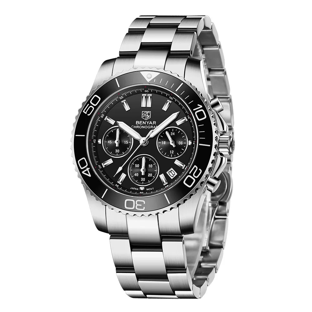 BENYAR S002 Stainless Steel Men Waterproof Wristwatch Japan Chronograph Quartz Benyar Watches Reloj Hombre