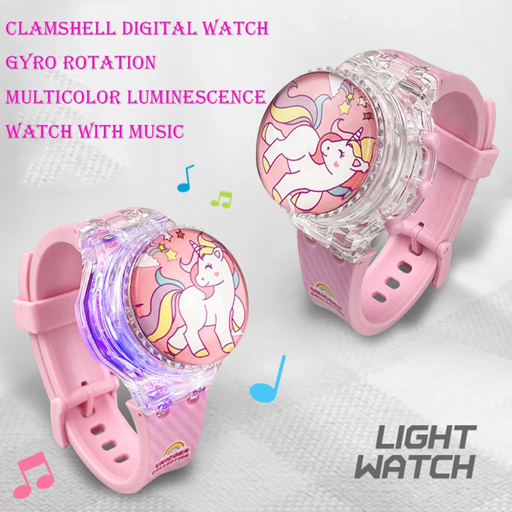 USA Stock Hot Sell Kids Watches Rotatable Clamshell Music Lights Sounds Rainbow Watchband Digital Electronic 7-9 Days Delivery