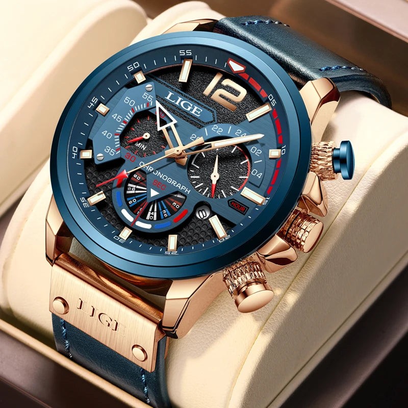 LIGE Mens Watches Big Dial Quartz Wristwatch Business Leather Watch for Men Luminous Waterproof Watch Man Relogio Masculino+Box