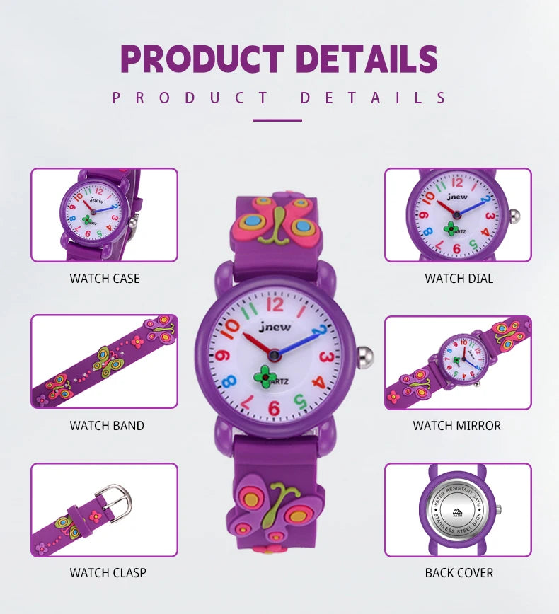JNEW Bling Waterproof Quartz Watch for Girls Kids Watches with Cartoon Sport Fashion Styles