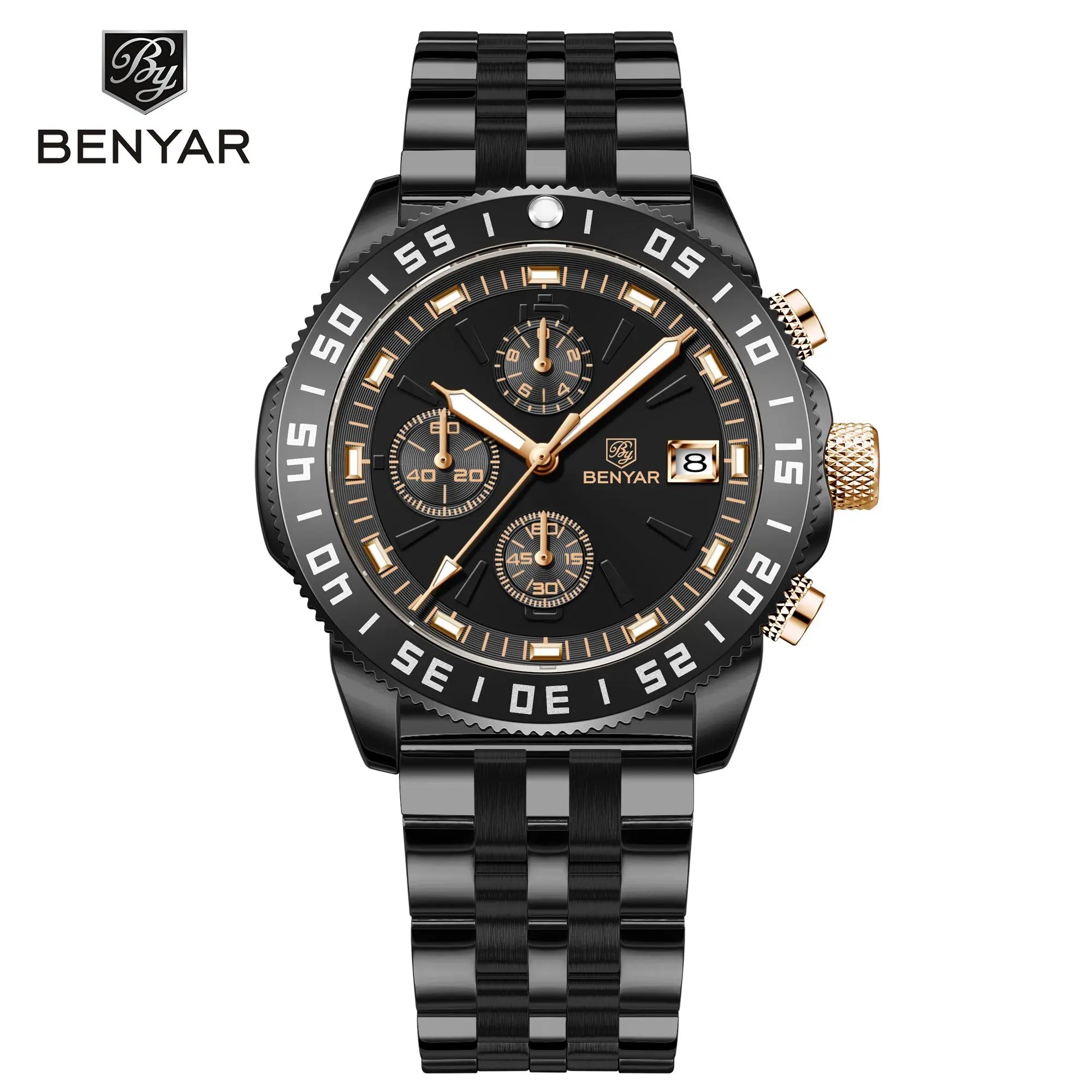 Benyar 5198 Men Timepiece Stainless Steel Band Water Proof Chronometer Character Business Wristwatch
