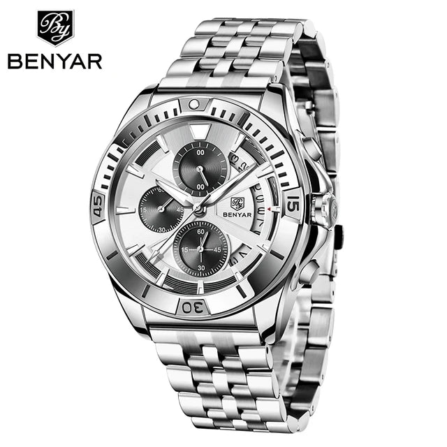 BENYAR 5180 5180M Luxury Brown Genuine Leather Quartz Watch for Men Multifunctional Chronograph Waterproof Calendar Men's Watch