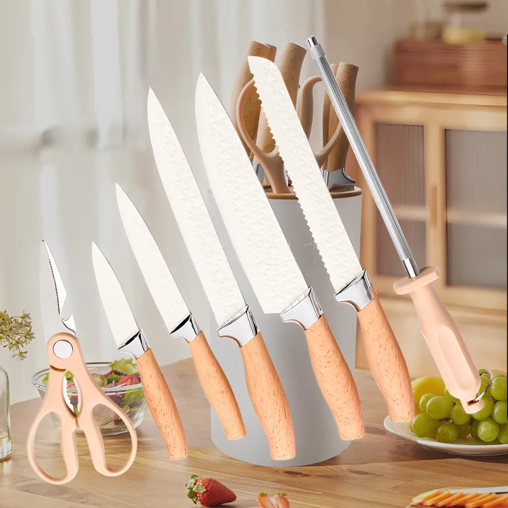 Yangjiang 7-Piece Kitchen Knife Set Plastic Holder Including Chef Santoku Nakiri Bread Boning Utility Fruit Slicer Knives