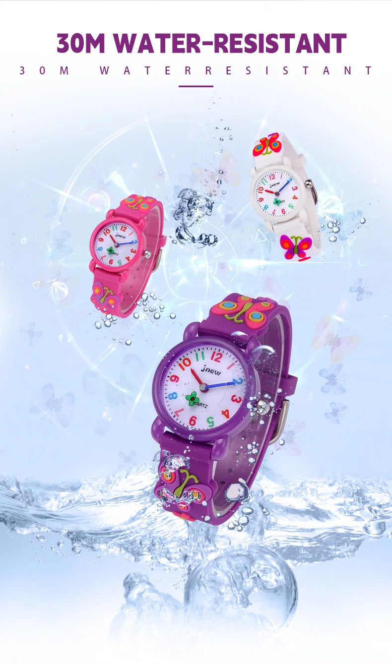 JNEW Bling Waterproof Quartz Watch for Girls Kids Watches with Cartoon Sport Fashion Styles