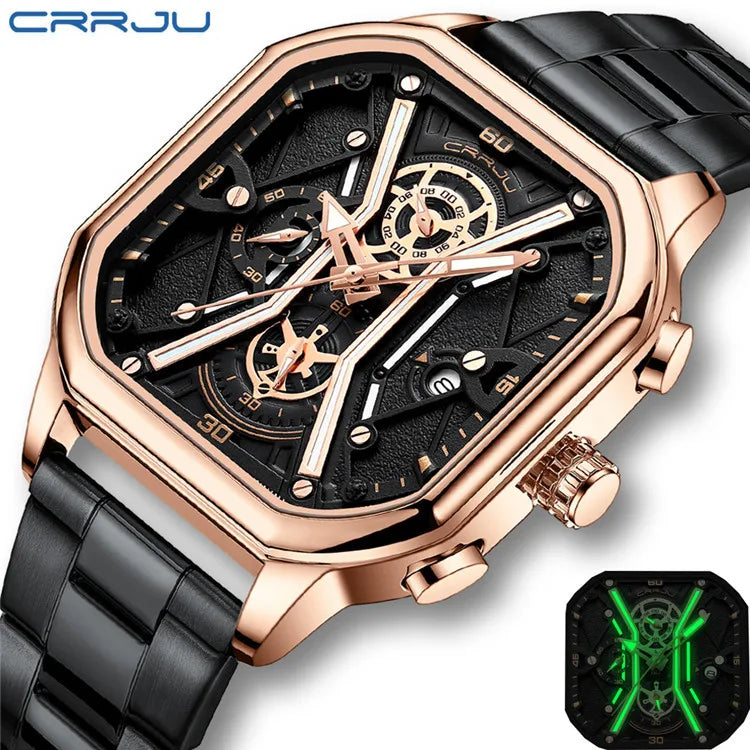 CRRJU Square Dial Leather Chronograph Watch