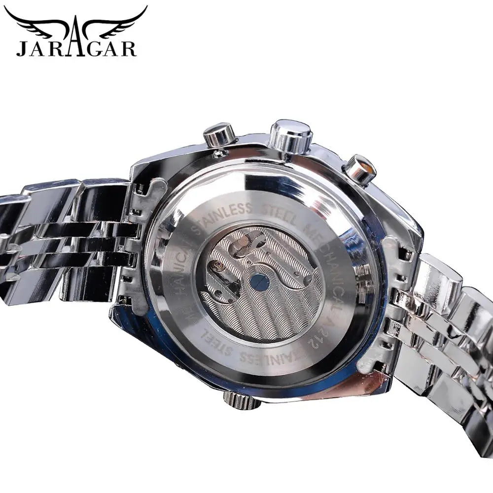 Jaragar Men's Automatic Mechanical Watch - White Dial Complete Calendar Luminous Steel