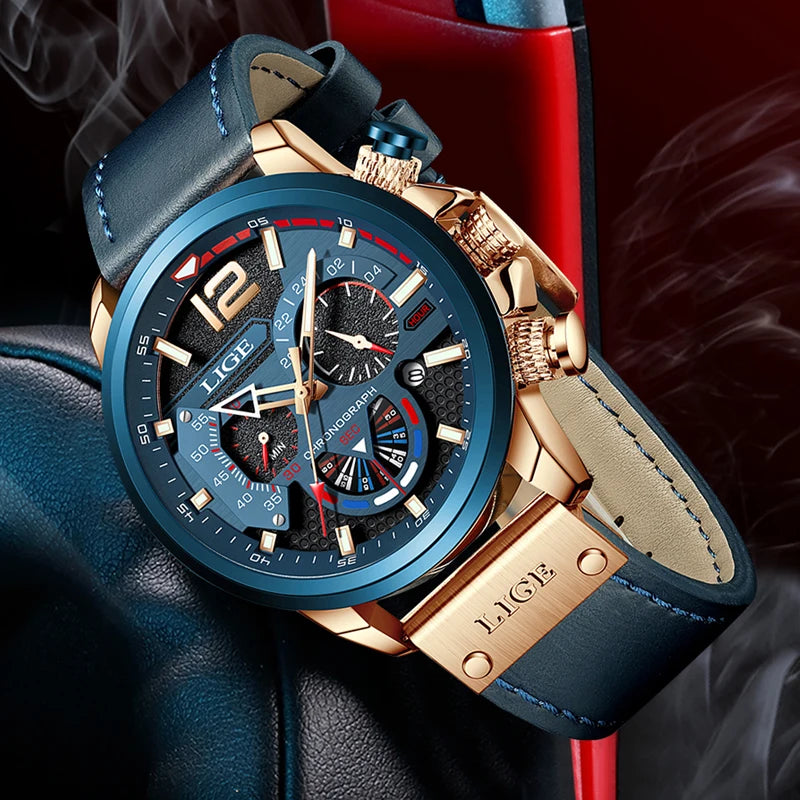 LIGE Mens Watches Big Dial Quartz Wristwatch Business Leather Watch for Men Luminous Waterproof Watch Man Relogio Masculino+Box