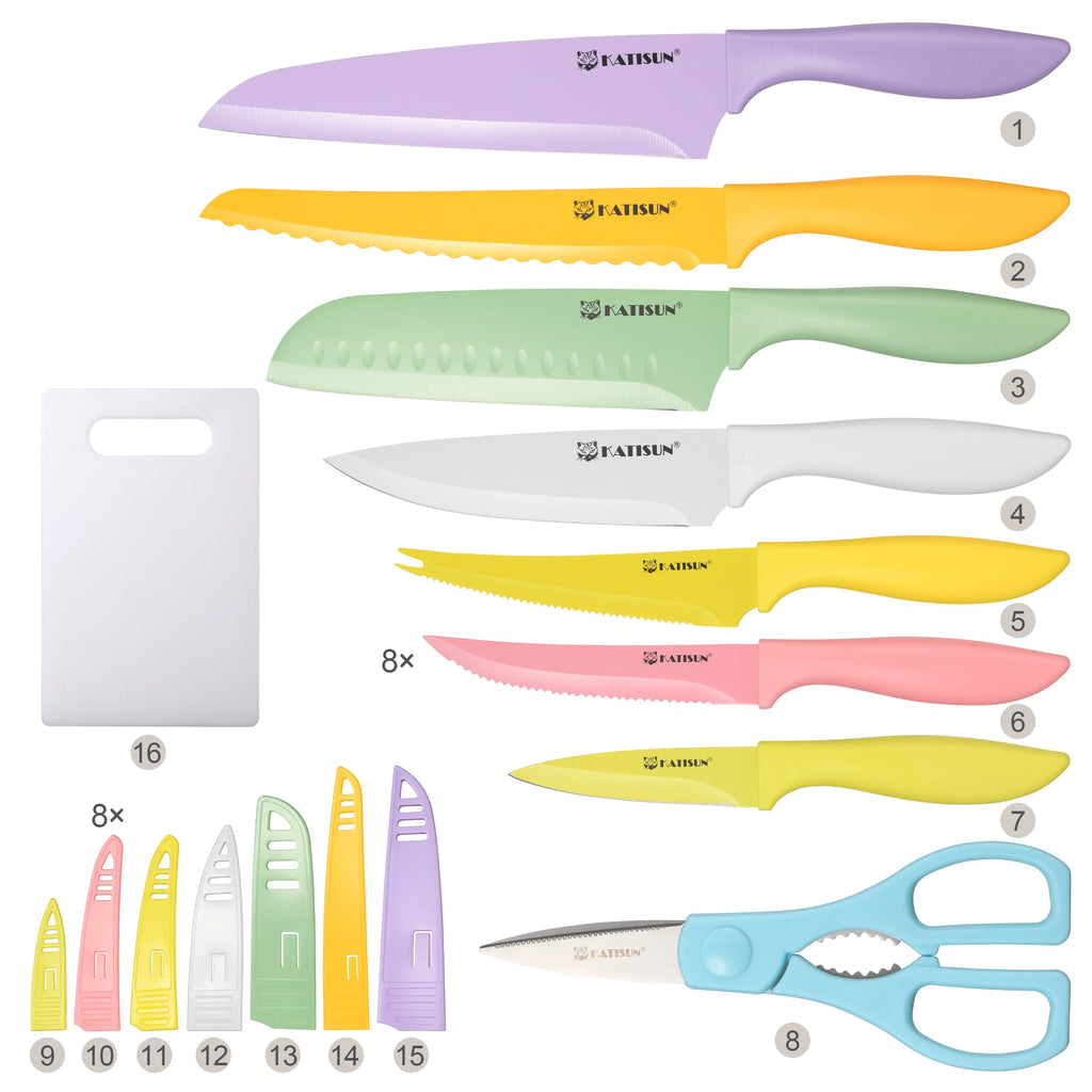 30 Pieces Color Coding Stainless Steel Knives Set, Anti-Rust and Dishwasher Safe with Blade Covers, Cutting Board, and Shear