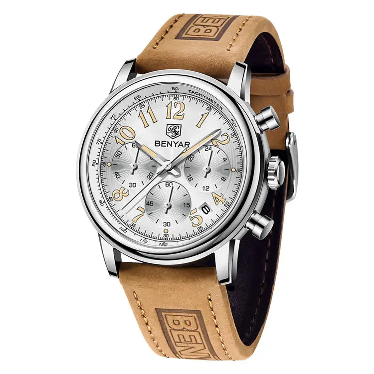 Benyar  5190  Band Waterproofing Calendar Character Business Wristwatch Luxury  Moq 1 Brown Gents Clock clear Genuine Leather
