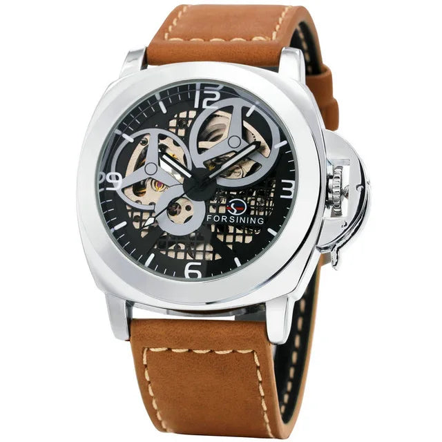 FORSINING Fashion Men Auto Mechanical Watch Brown Leather Strap Luxury Skeleton Dial 3D Index Design Top Brand Wrist Watches