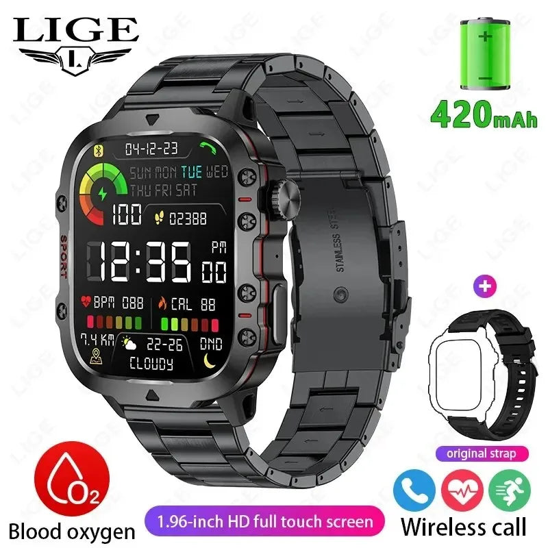 LIGE Sport Smart Watch for Men 1.96 Screen Blood Oxygen Bluetooth Call Watch 100+Sport Waterproof Smartwatch Man Reloj Hombre