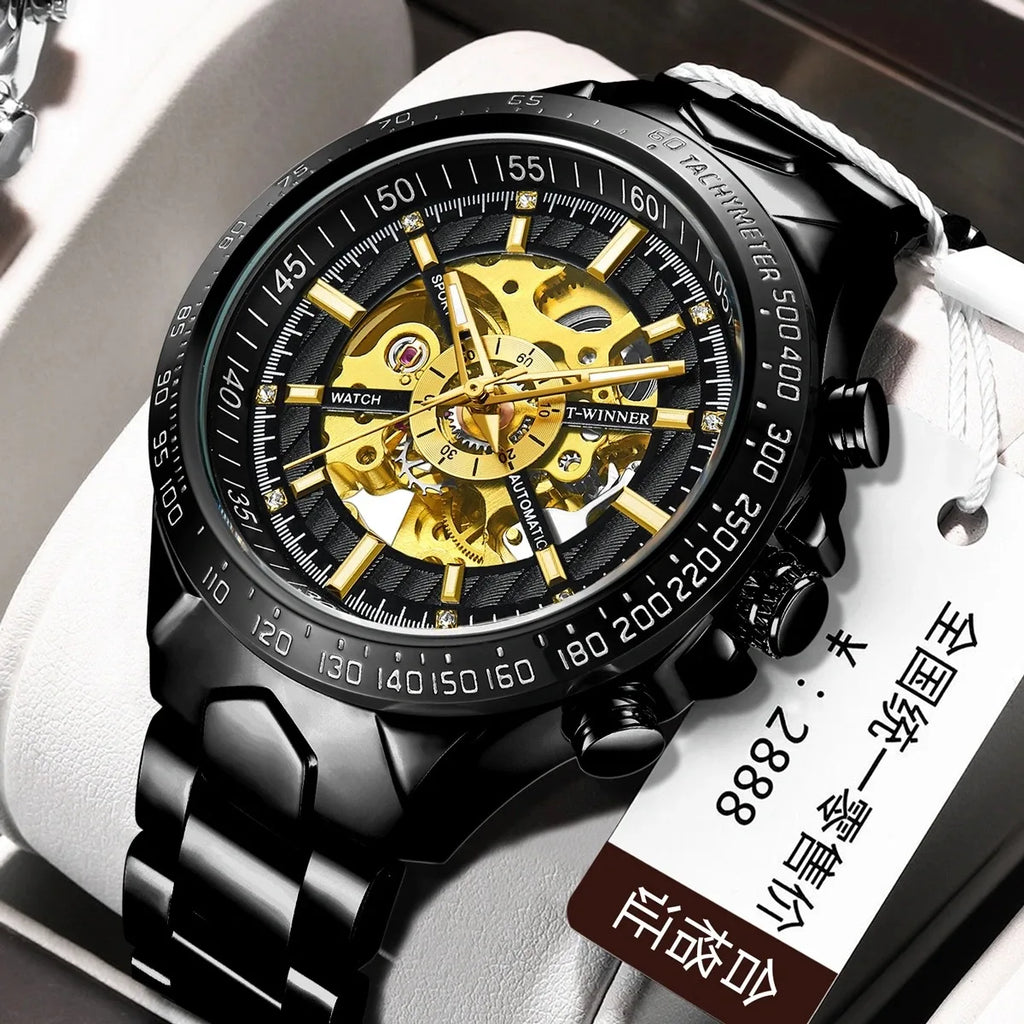Winner Men's Automatic Mechanical Watch - Black Gold Steel Waterproof Luminous Sport