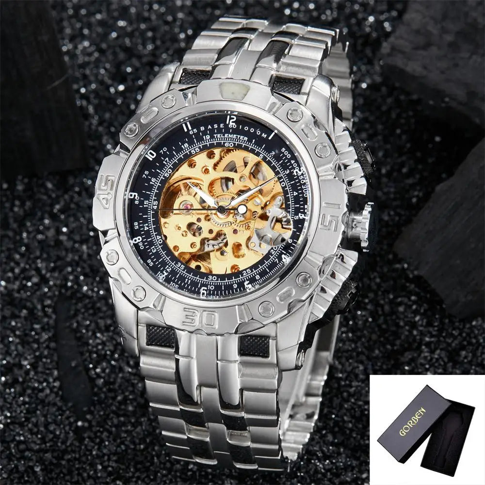 Skeleton Mechanical Watch Men's Top Brand Luxury Automatic Wristwatch Stainless Steel Band Sports Waterproof Male Reloj Gifts