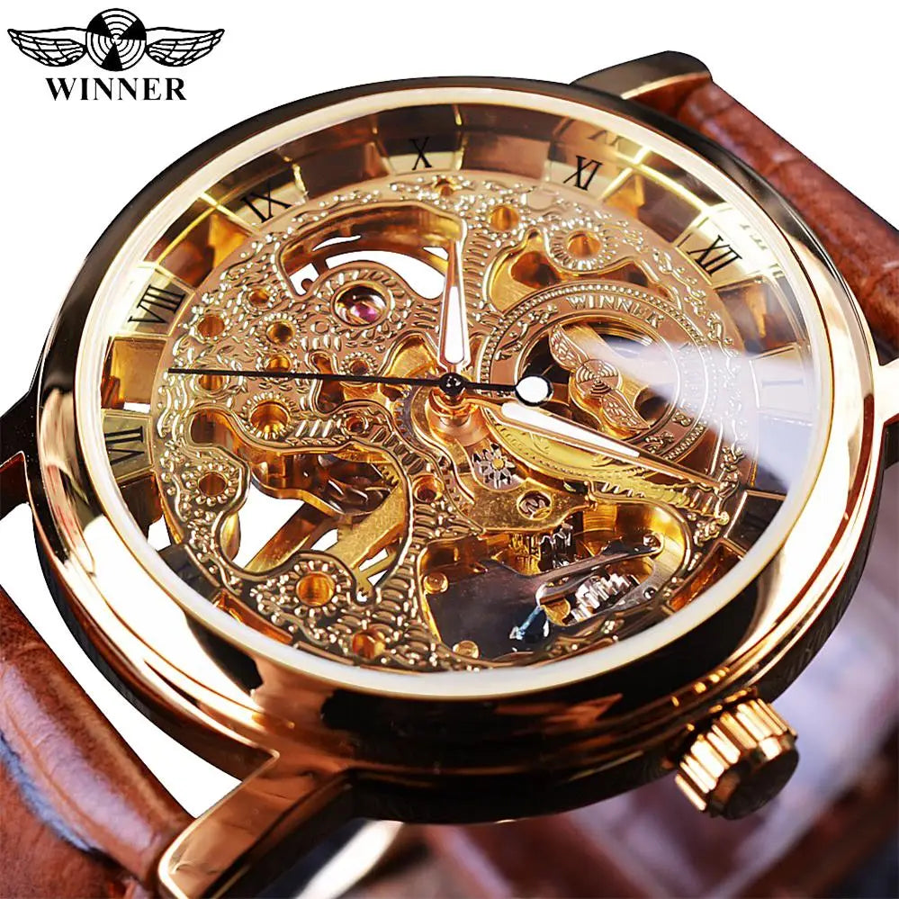 Winner Men's Automatic Watch - Transparent Golden Case Leather Business Sport Timepiece