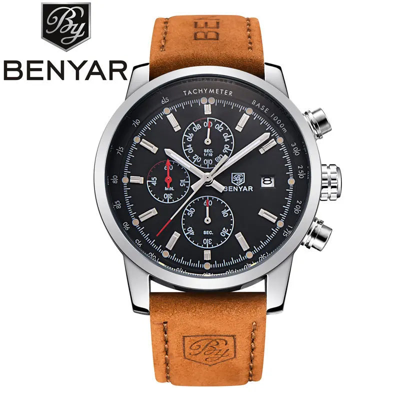 Benyar 5102 Men's Watches Waterproof Leather Strap Watches Men's Chronographs Top Brand Hot Quartz Watches