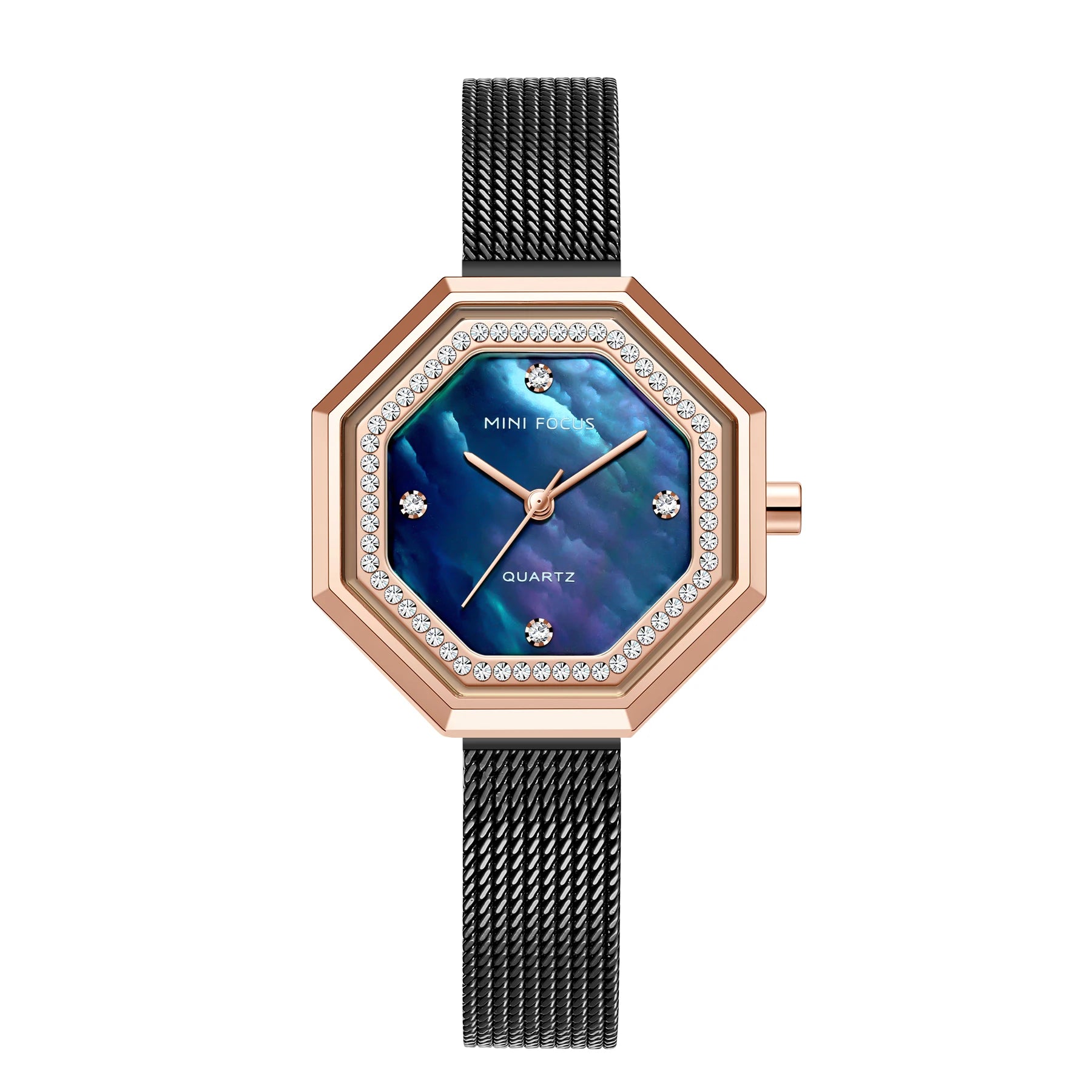 Crystalline Octagon Mesh Watch - Women's Luxury Timepiece