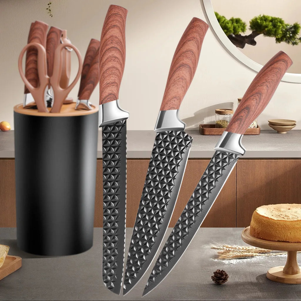 Yangjiang 7-Piece Kitchen Knife Set Including Chef Santoku Nakiri and Fruit Slicer Plastic Knife Holder Slicing Cleaver Knives