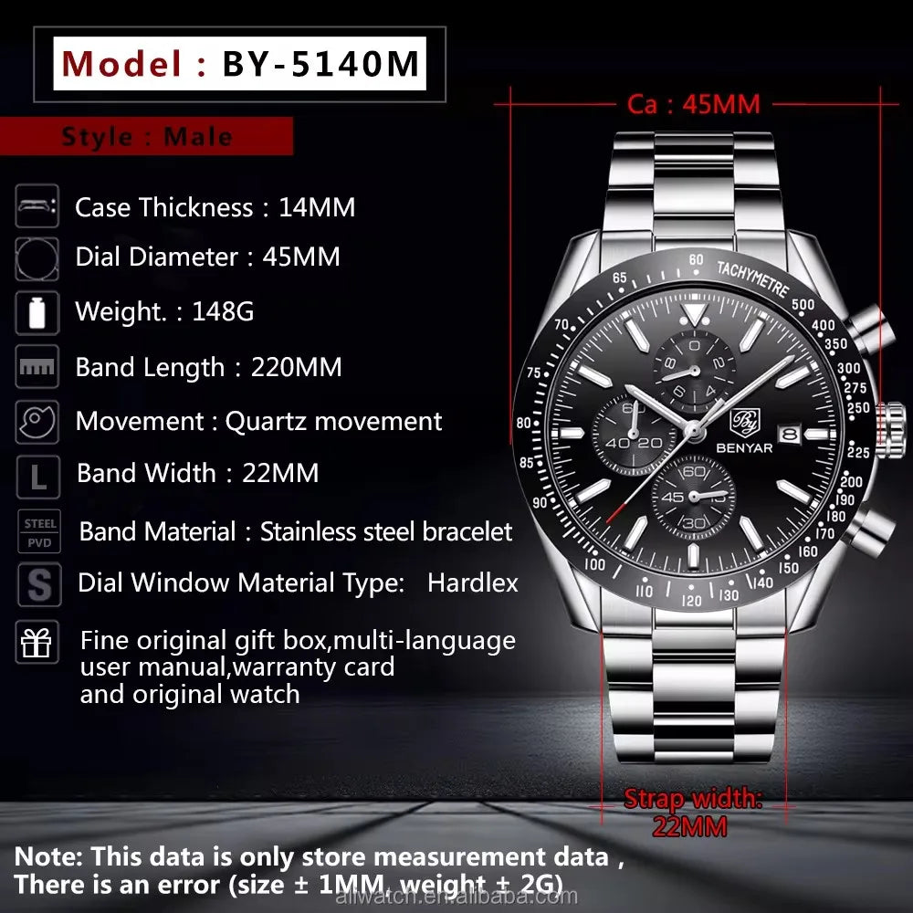 BENYAR Men Watch Top Brand Stainless Steel Band Luxury Business Sport Chronograph Quartz Wristwatch Men Clock