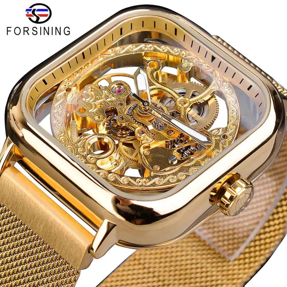 Golden Square Skeleton Automatic Watch - Mesh Steel Band
