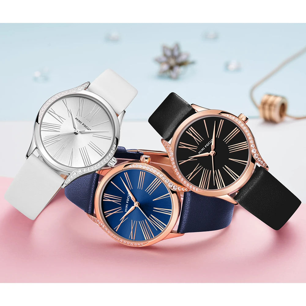 Diamond Grace - Women's Leather Strap Watch with Crystal Case