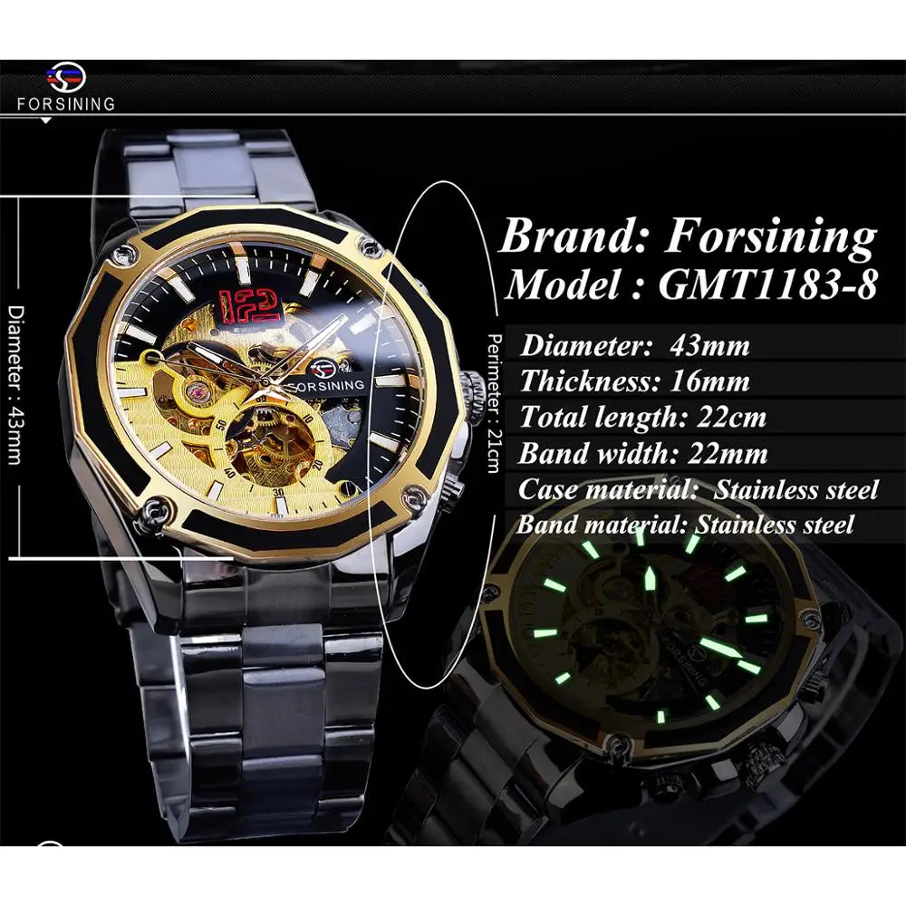 Top Brand Luxury Forsining Golden Skeleton Fashion Black Stainless Steel Design Automatic Sport Hour Timepiece Mechanical Watch