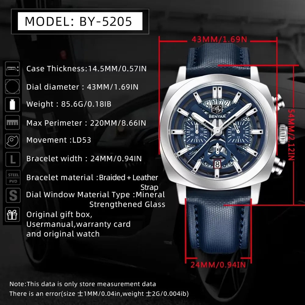 2024 New BENYAR 5205 Mens Watches Top Luxury Quartz Watch for Men Multi-Function Chronograph Sport Waterproof Relogio Masculino