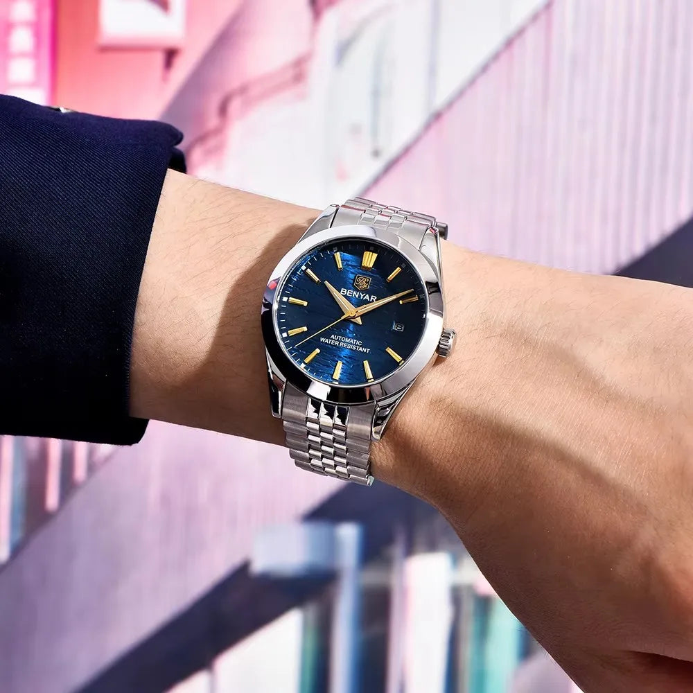 BENYAR 2024 New Design 40MM Dial Mechanical Watch 316L Stainless Steel Simple  Waterproof Men's Automatic Watch 5209