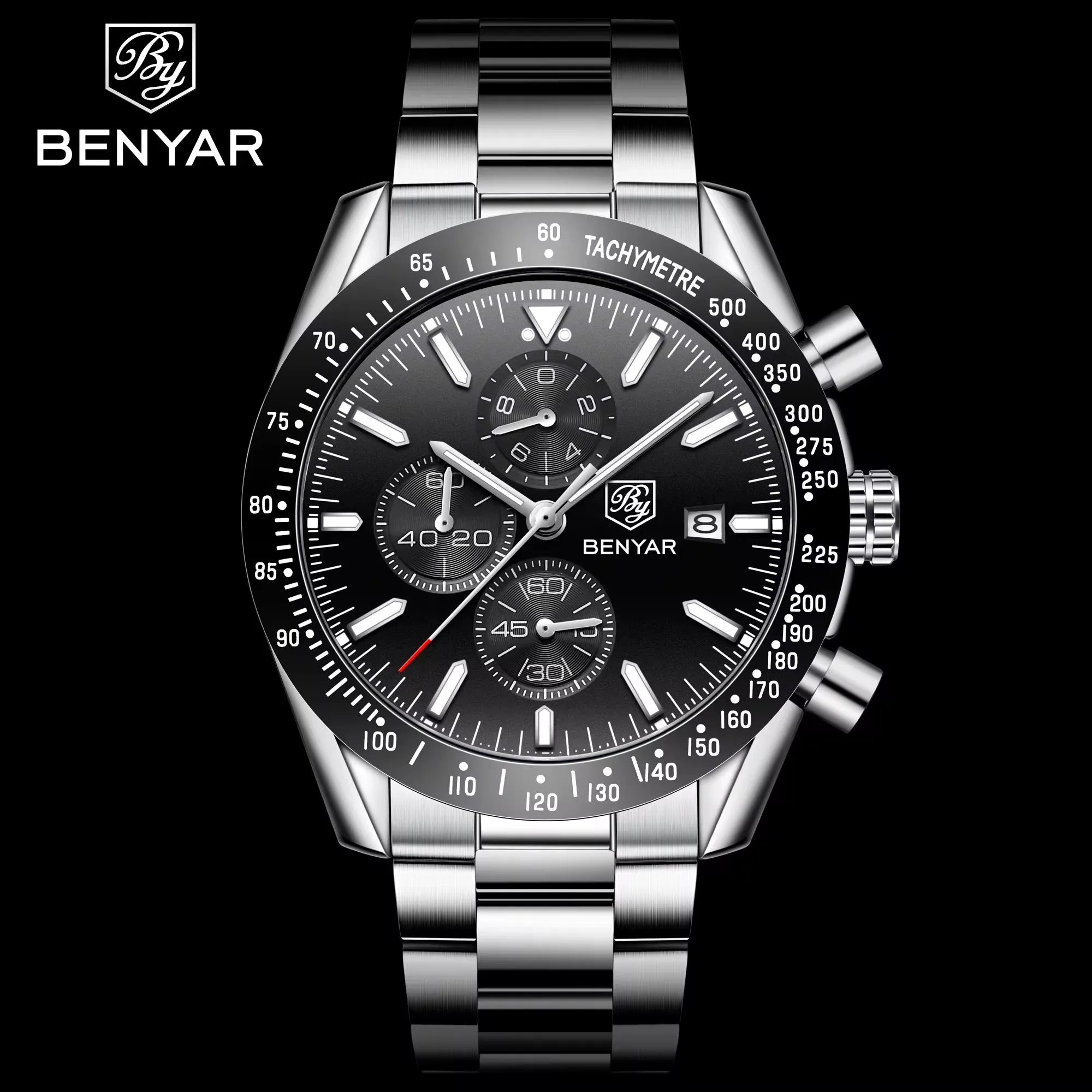 BENYAR Men Watch Top Brand Stainless Steel Band Luxury Business Sport Chronograph Quartz Wristwatch Men Clock