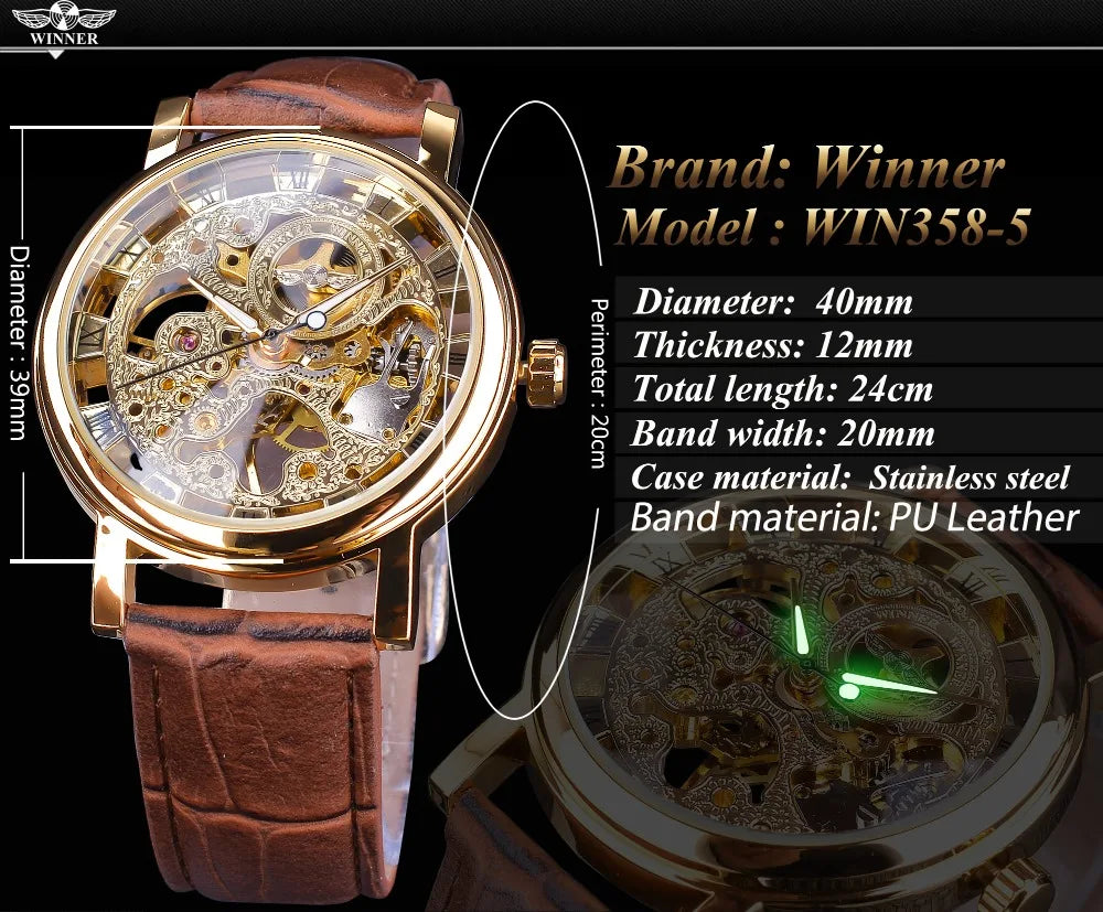 Winner Men's Automatic Watch - Transparent Golden Case Leather Business Sport Timepiece