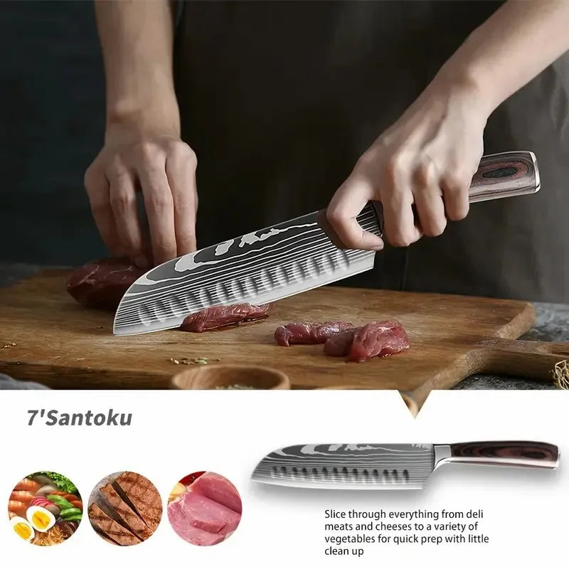 4-Piece Premium Stainless Steel Kitchen Knife Set Pakka Wood Handle Santoku Nakiri Bread Utility Boning Slicer Knives