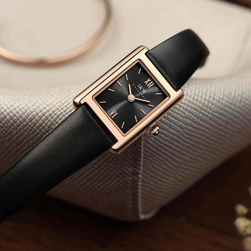 2025 New Fashion Square Watch for Women Luxury Brand I&W Switzerland Made Quartz Wristwatch Sapphire Leather Dress Ladies Watch