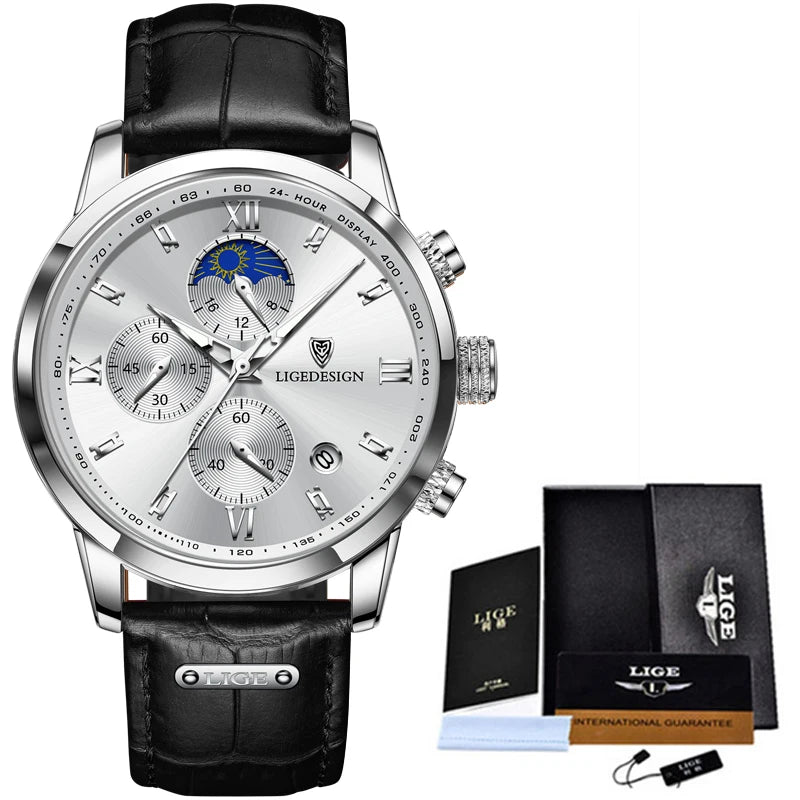 LIGE New 24 hour Moon Phase Watch Men Fashion Army Military Quartz Men Watch Leather Waterproof Sports Chronograph Reloj Hombre